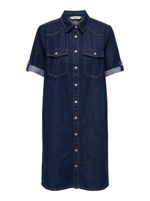 Rochie cămașă din denim albastru închis, cu mâneci scurte rulate, închidere frontală cu nasturi, guler ascuțit și două buzunare pe piept cu clapetă și nasturi.