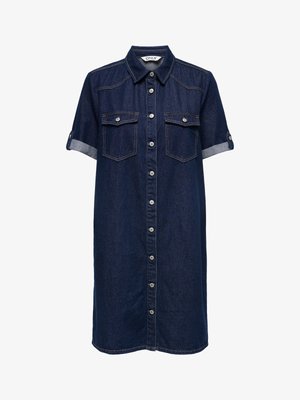 Rochie cămașă din denim albastru închis, cu mâneci scurte rulate, închidere frontală cu nasturi, guler ascuțit și două buzunare pe piept cu clapetă și nasturi.