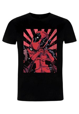 Black cotton t-shirt featuring a graphic print of a character in a red suit making a heart shape, set against a red and black burst background.