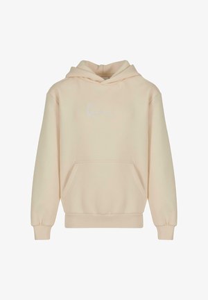Sudadera color crema hecha de tela suave, con un bolsillo tipo canguro en la parte frontal, puños acanalados y un logo bordado en blanco.