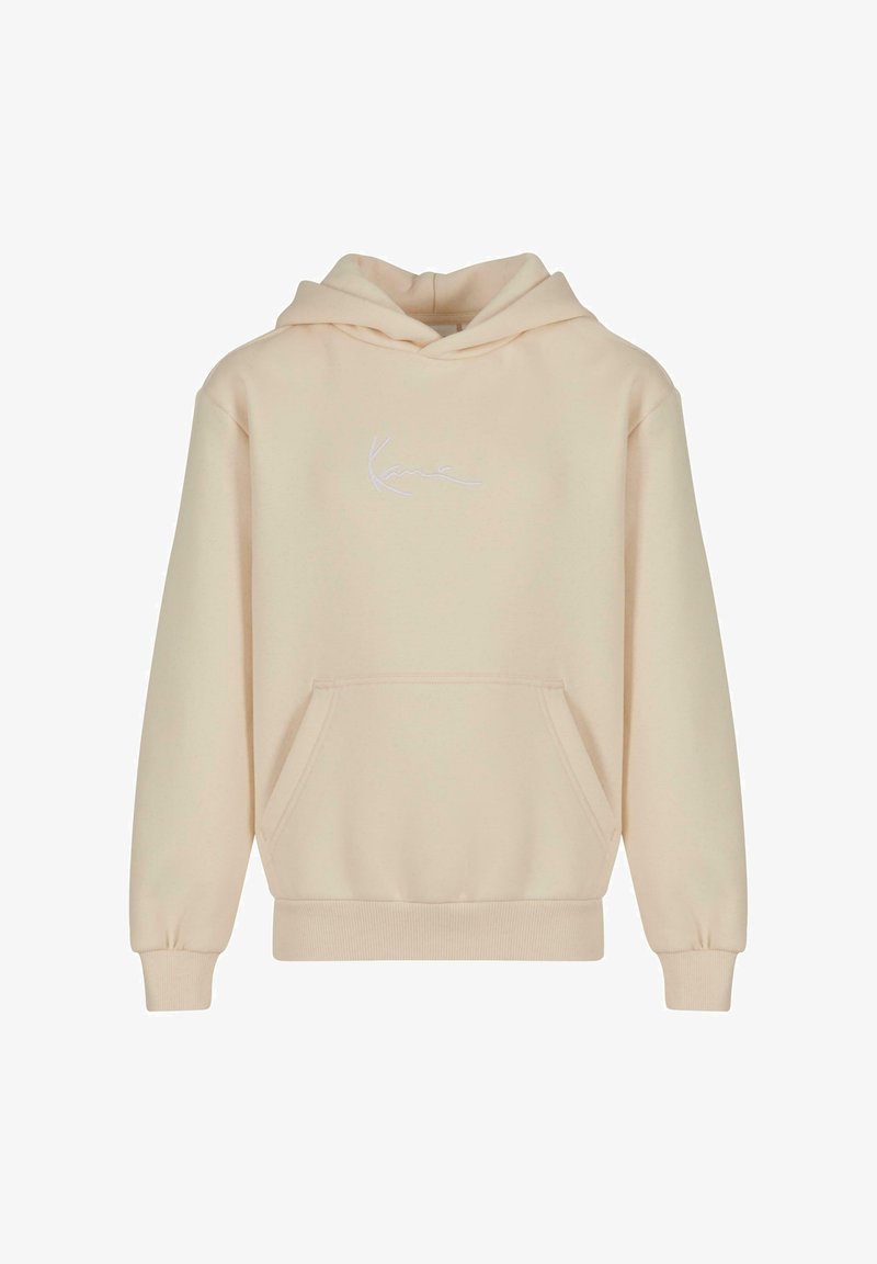 Hoodie color crema realizzato in un tessuto morbido, con tasca a marsupio sul davanti, polsini a costine e logo ricamato in bianco.