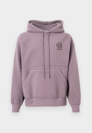 Purple fleece hoodie with a front pocket and drawstring hood. Features a small embroidered logo on the chest. Soft, textured fabric.