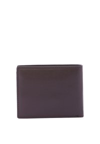 Portafoglio in pelle marrone con texture liscia, design pieghevole a due scomparti e linee pulite. Cuciture evidenti lungo i bordi. Forma rettangolare compatta.