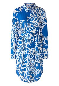 Abito camicia con bottoni, blu e bianco, con motivi floreali e astratti, maniche lunghe, cintura in vita e colletto classico. Tessuto morbido.