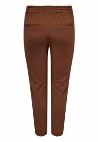 Brown stretch pants with an elastic waistband, two back pockets, slim fit, and smooth texture. Designed for comfort and ease of movement.