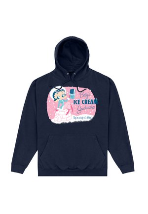 Granatowa bluza z kapturem z kieszenią z przodu, z rysunkiem postaci w stylu kreskówkowym oraz tekstem o kanapkach lodowych na różowym tle.