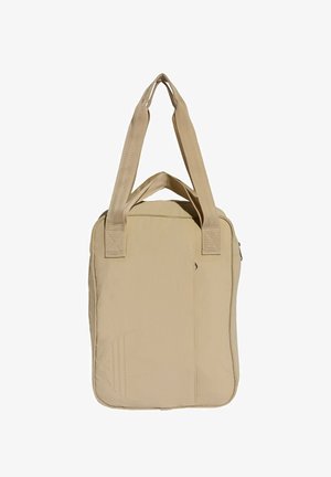 Beige rectangular tote bag with dual handles and a subtle embossed logo on the lower left corner, designed for casual use.