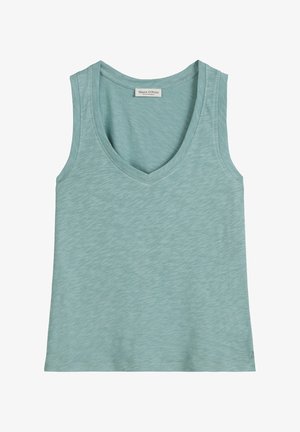 Light teal sleeveless top with a V-neck, made of soft fabric. Features a subtle textured pattern and straight hem. Branded interior label.