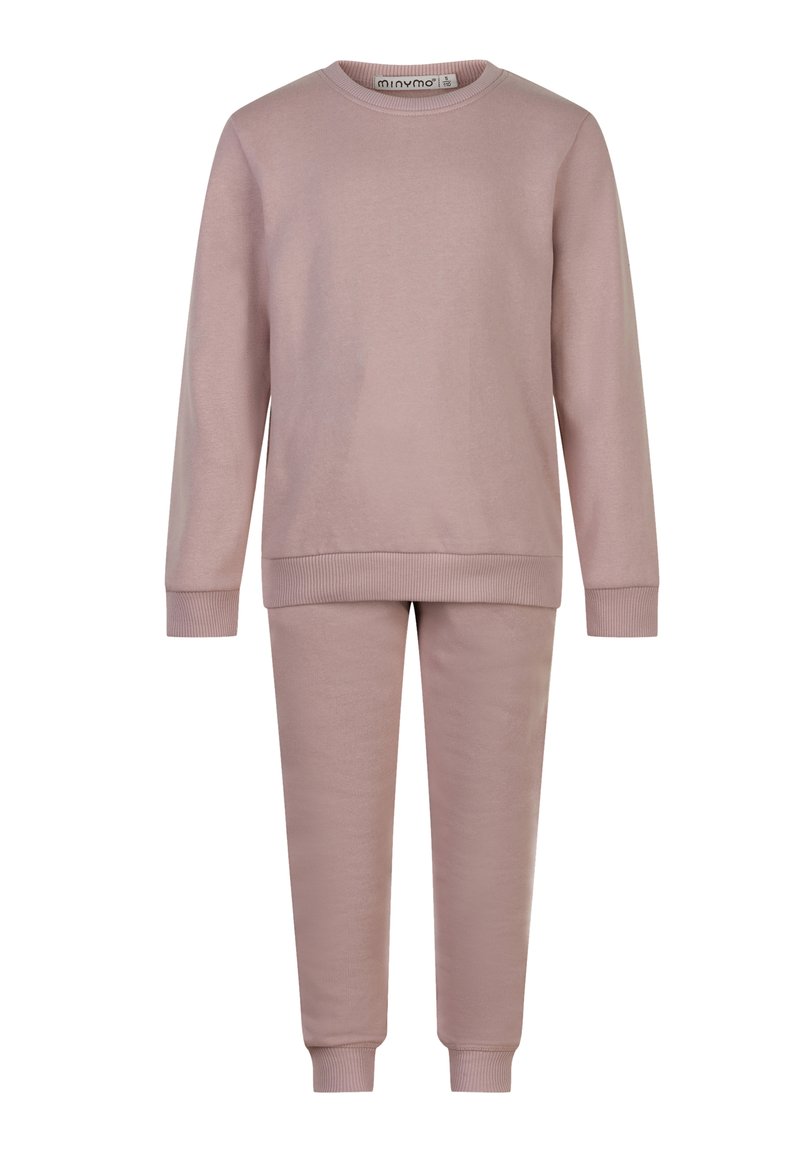Helles rosa Baumwoll-Sweatshirt und passendes Hosen-Set mit gerippten Bündchen und Taillenbund, ausgestattet mit einem klassischen Rundhalsausschnitt.