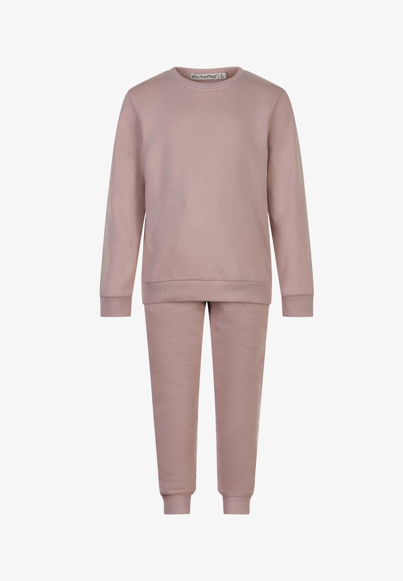Pale pink cotton sweatshirt and matching pants set with ribbed cuffs and waistband, featuring a classic crew neck design.