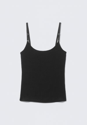 Débardeur noir côtelé avec fines bretelles réglables et encolure dégagée, posé à plat sur une surface gris clair.