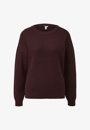 Bordeauxroter Strickpullover mit strukturierter Oberfläche, rundem Ausschnitt und langen Ärmeln. Verfügt über gerippte Bündchen und Saum für eine figurbetonte Passform.