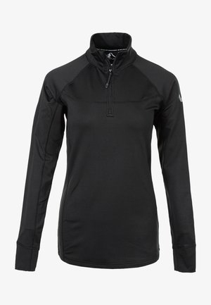 Schwarzer Pullover mit langen Ärmeln und einem Viertel-Reißverschluss am Hals, aus einem glatten, dehnbaren Material gefertigt, mit Flachnähte und einer taillierten Passform.