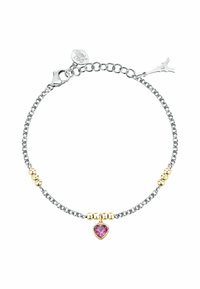 Bracciale in argento con perline dorate e un ciondolo a forma di cuore rosa. Include una chiusura a incagnato e un charm decorativo.