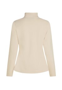Kerman beige pitkähihaine paita, jossa on korkea kaulus, valmistettu pehmeästä ja sileästä kankaasta. Ominaisuuksia ovat istuva muotoilu ja hienovaraiset päärmystykset.