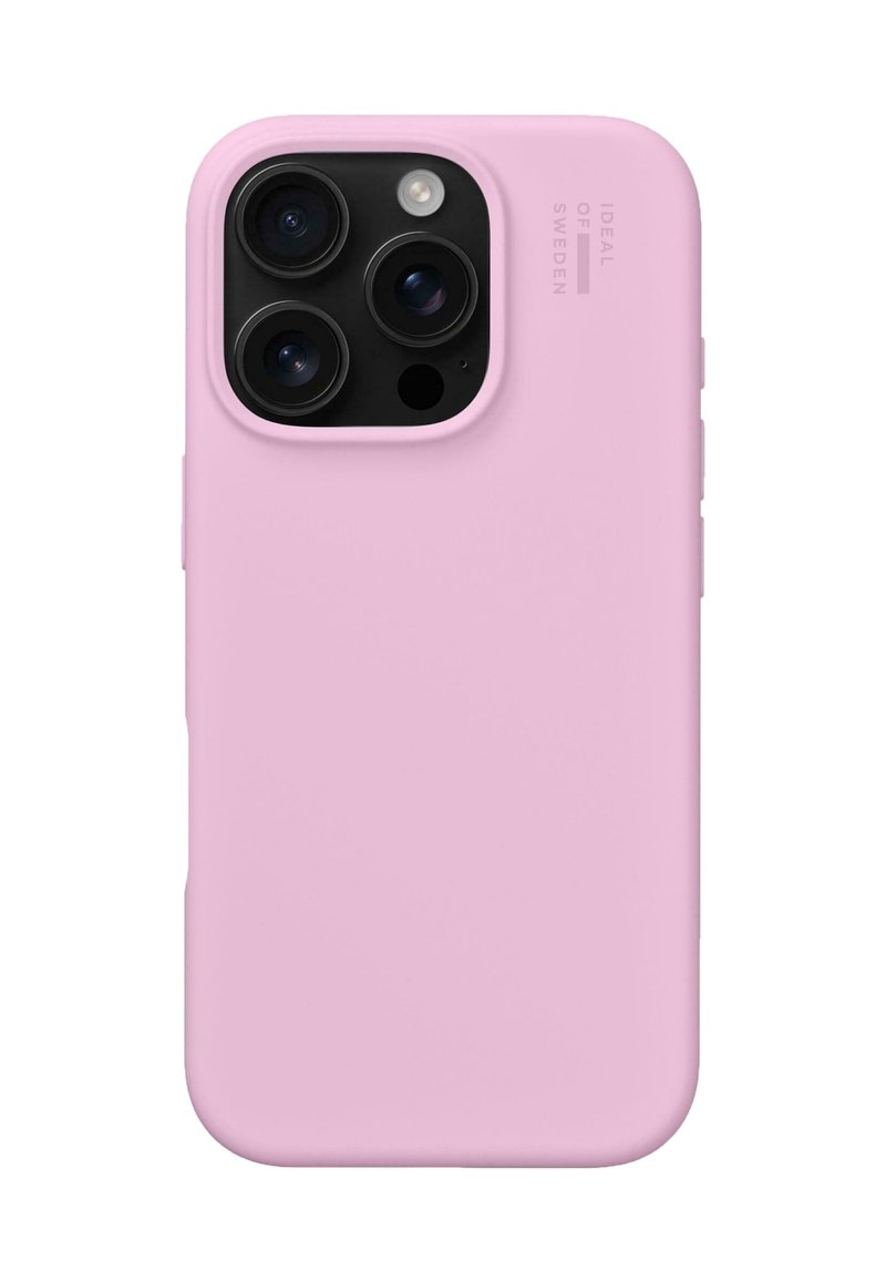 Roza silikonska zaščita za telefon z izrezi za tri kamere in bliskavico. Gladka tekstura, zaobljeni robovi in minimalne podrobnosti blagovne znamke.