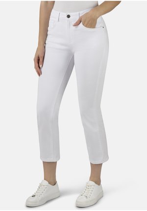 Weiße, cropped Jeans aus Denim mit klassischem Fünf-Taschen-Design, einem Frontknopfverschluss und dezenten Steppdetails.