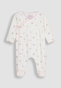 Weißes Baumwoll-Baby-Body mit rosa floralem Stickmuster, langen Ärmeln, Druckknöpfen und einer gewellten Vorderkante.
