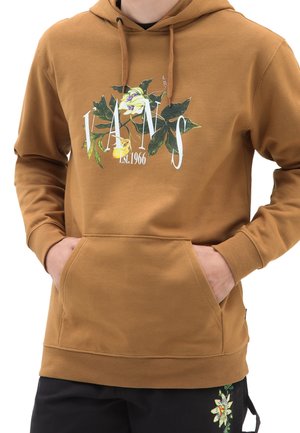 Felpa marrone realizzata in morbido tessuto, con una grafica floreale e la scritta "VANS EST. 1966" in bianco. Include una tasca frontale e cappuccio con cordino.
