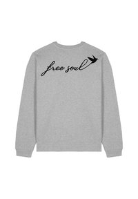 Felpa grigia con una scritta in nero "free soul" e una silhouette di uccello sul retro. Tessuto morbido con colletto e polsini a costine.