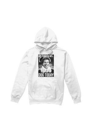White hoodie with a black-and-white graphic of a man smiling and text reading "So good news... I saw a dog today."