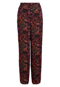 Pantalons en tissu noir avec un motif abstrait coloré dans des nuances d'orange et de rose. Design à jambes larges avec une taille haute.