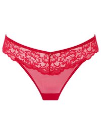 String rouge en dentelle avec un motif floral à la taille, présentant un corps transparent et un petit accent en métal doré au centre du dos.