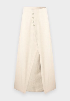 Jupe beige taille haute avec des boutons sur le devant et une fente avant, réalisée en tissu léger, présentée sur un fond uni.