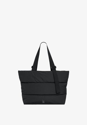 Borsa a spalla imbottita nera con forma rettangolare, caratterizzata da una spessa cucitura orizzontale, manici robusti e un'etichetta con logo sul davanti.