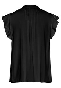 Blusa nera con un tessuto morbido e leggero. Presenta maniche a volantino e un design a pieghe sul retro, offrendo una vestibilità comoda. Stile minimalista.