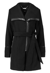 Cappotto nero con un ampio colletto, chiusura con zip e vita con cintura. Presenta dettagli in pelle sul colletto e sui bordi della zip. Maniche lunghe e texture liscia.