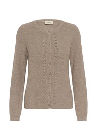 Beige cardigan with a round neckline, button front, and intricate knit pattern. Features long sleeves and subtle pearl buttons. Soft texture.