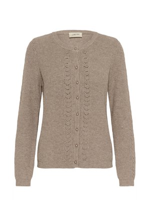 Beige cardigan with a round neckline, button front, and intricate knit pattern. Features long sleeves and subtle pearl buttons. Soft texture.