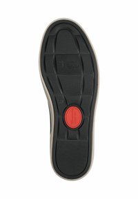 Suola di scarpa in gomma nera con texture a disegno, bordi beige e un accento circolare rosso con l'etichetta "comfort" al centro. Taglia 37.