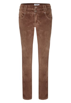 Pantalon en velours côtelé marron avec poches avant, fermeture double bouton, passants pour ceinture et coupe droite.