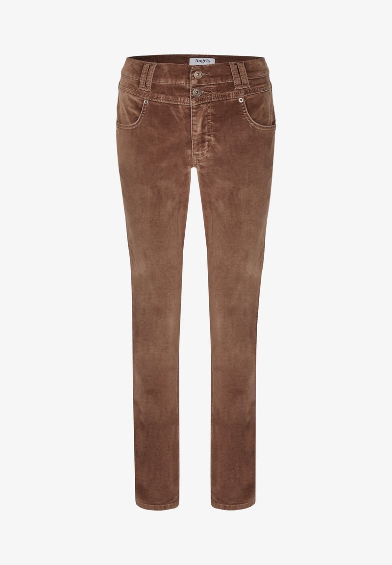Pantalon en velours côtelé marron avec poches avant, fermeture double bouton, passants pour ceinture et coupe droite.
