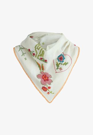 White triangular scarf with cross-stitched floral patterns, a heart shape, and an orange crocheted edge trim.