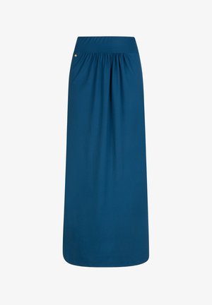 Tummansininen, polvenmittainen hame, joka on valmistettu pehmeästä ja joustavasta kankaasta. Hameessa on rypytetty vyötärö ja pieni kultainen korostus vyötärön lähellä.