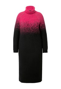 Abito a collo alto in maglia con un design a gradiente, caratterizzato da un vivace rosa nella parte superiore che sfuma nel nero, maniche lunghe e una vestibilità morbida.