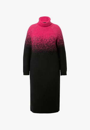 Strick-Turtleneck-Kleid mit einem Farbverlauf, der von lebendigem Pink oben nach Schwarz unten übergeht, langen Ärmeln und einer entspannten Passform.