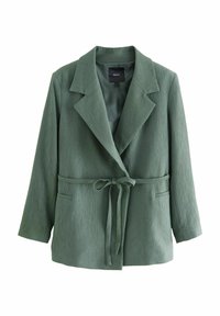 Grüne strukturierte Jacke mit breitem Kragen, langen Ärmeln, Bindegürtel in der Taille und zwei Fronttaschen. Das Material hat ein geripptes Muster.