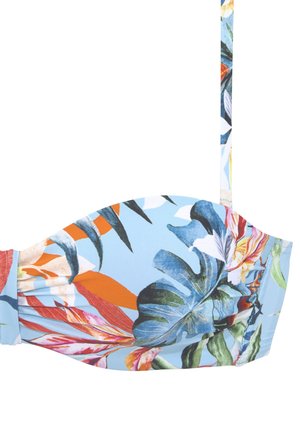 Blauwe bikini-top met bloemenpatroon, featuring groene bladeren en oranje accenten. Gladde stof met gestructureerde cups en dunne verstelbare bandjes.