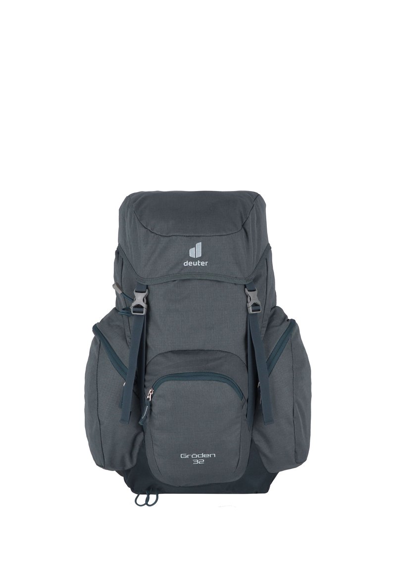 Mochila de senderismo Deuter Gröden 32 de color gris oscuro con múltiples compartimentos con cremallera y correas ajustables.