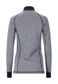 Harmaa pitkähihainen paita, jossa on mustat saumat, musta kaulus ja mustat hihansuut, esiteltynä takaa valkoista taustaa vasten.