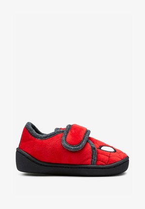 Pantofole rosse per bambini con suola nera, bordo grigio, cinturino a strappo e design trapuntato con dettaglio bianco a forma di occhio sulla punta.
