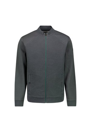 Donkergrijze zip-up jas met textuurpanelen, geribbelde manchetten en zijzakken. Heeft een opstaande kraag en contrasterende ritsdetails.