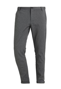 Mörkgrå skräddarsydda slim-fit byxor med bälteshällor, framknapp och uppvikta fållar.