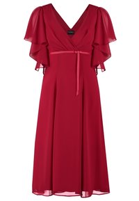 Robe midi rouge avec manches volantées, col en V, corsage croisé et fine ceinture à nouer à la taille.