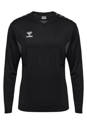 Maglietta sportiva nera a maniche lunghe realizzata in materiale sintetico, con scollo a V, dettagli grigio chiaro sulle spalle e un logo sul petto.