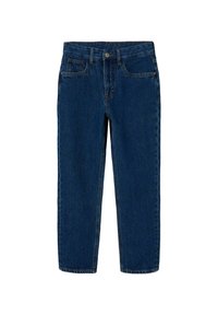 Jeans in denim blu con design a gamba dritta, dotati di cinque tasche, passanti per cintura e chiusura con bottone. Il tessuto ha una leggera trama.